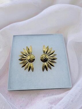 Stainless Steel Gold Plated Sunflower Statement Stud Earrings